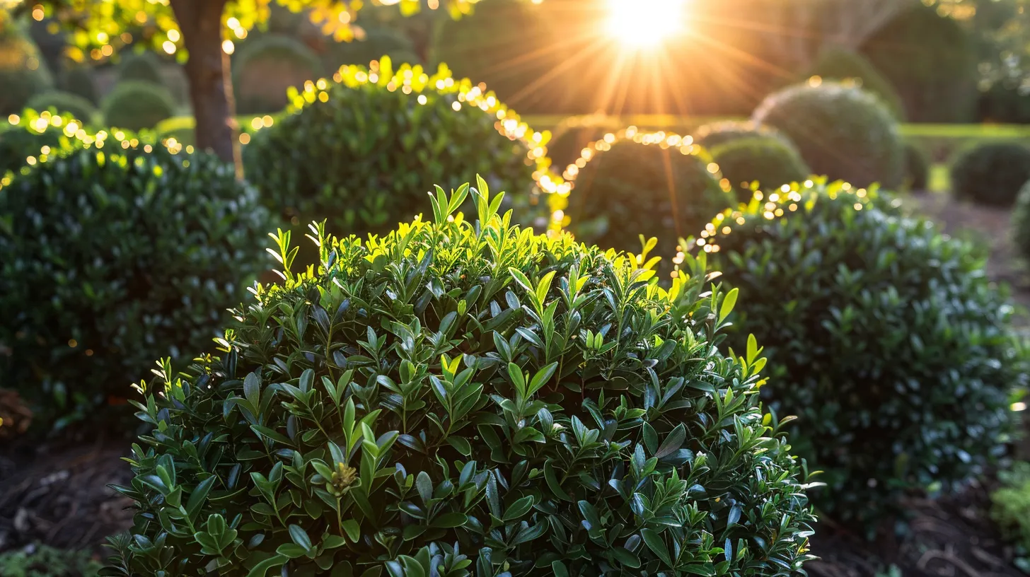 a vibrant garden scene showcasing lush ilex opaca privacy shrubs, with rich green foliage glistening under the warm sunlight, emphasizing their healthy growth and resilience amidst a serene, natural backdrop.