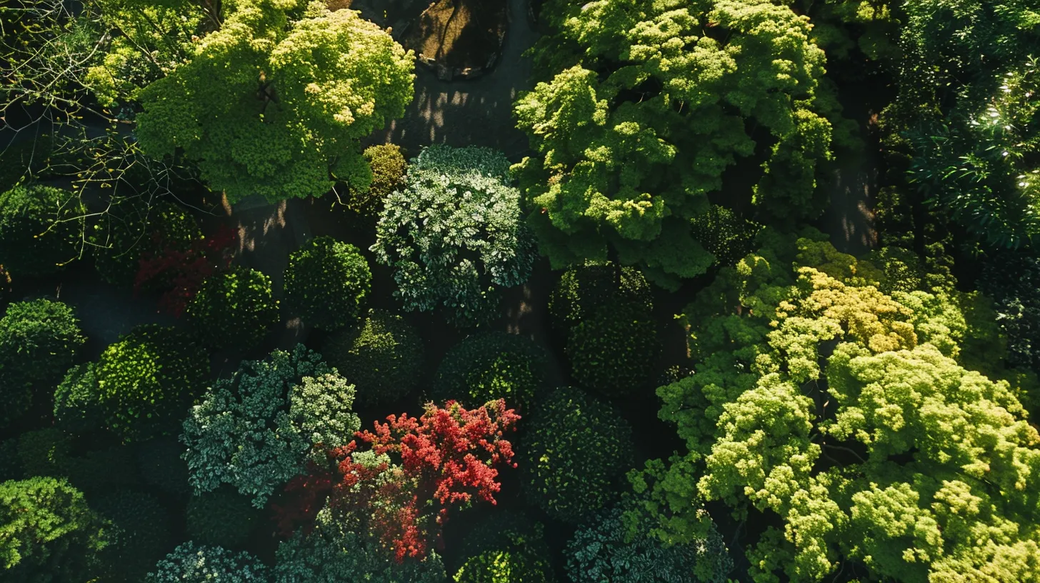 a vibrant garden scene showcasing a variety of lush evergreen trees flourishing alongside a striking japanese maple, bathed in warm sunlight, creating a harmonious landscape of year-round greenery.