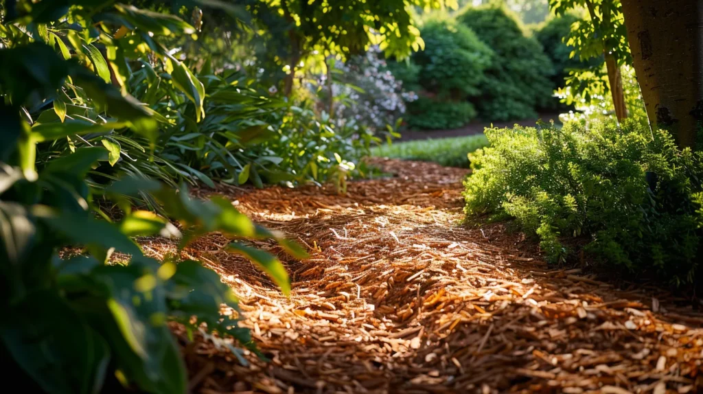 a vibrant garden showcasing a stark contrast between rich, earthy natural hardwood mulch and aromatic, deep red cedar mulch, framed by lush greenery under soft, diffused sunlight.