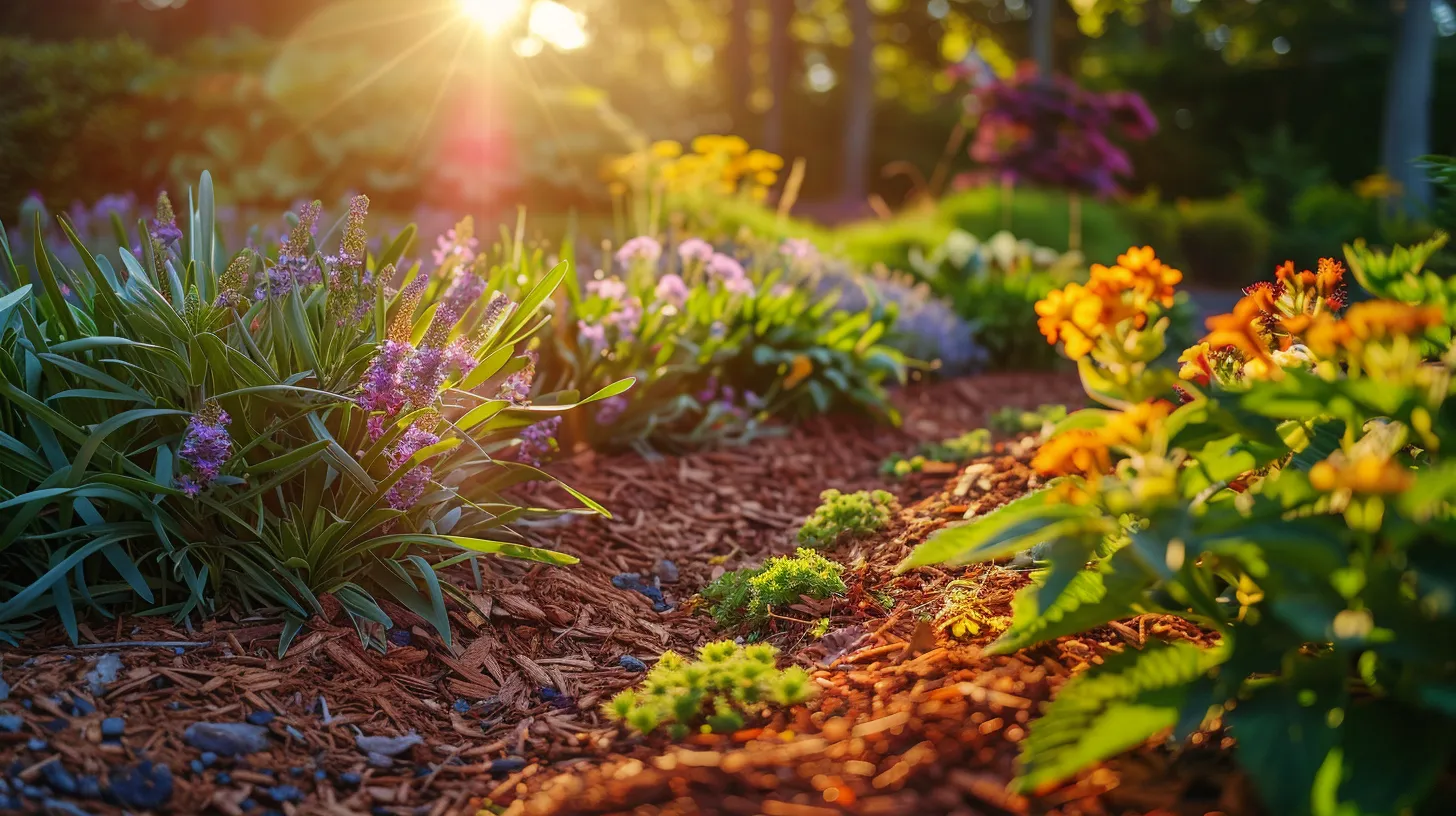 a vibrant garden showcasing a rich variety of colorful mulch, highlighting its durability and aesthetic appeal, with lush green plants thriving under warm, golden sunlight.