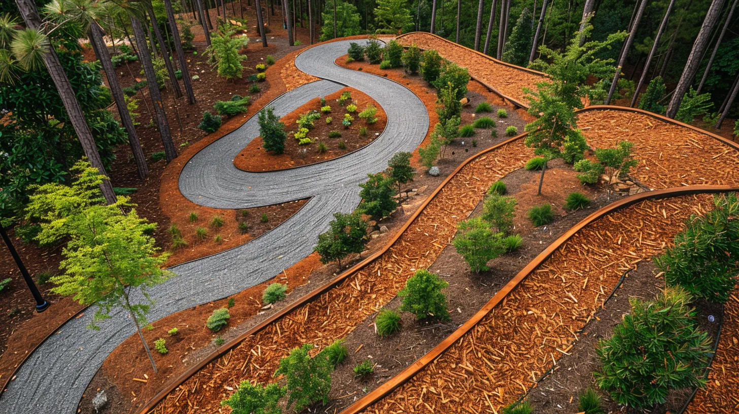 a vibrant georgia landscape showcases lush gardens adorned with high-quality woodchip and oak mulch, complemented by elegant gravel pathways that enhance drainage and visual appeal, framed by robust retaining walls for sustainable management.