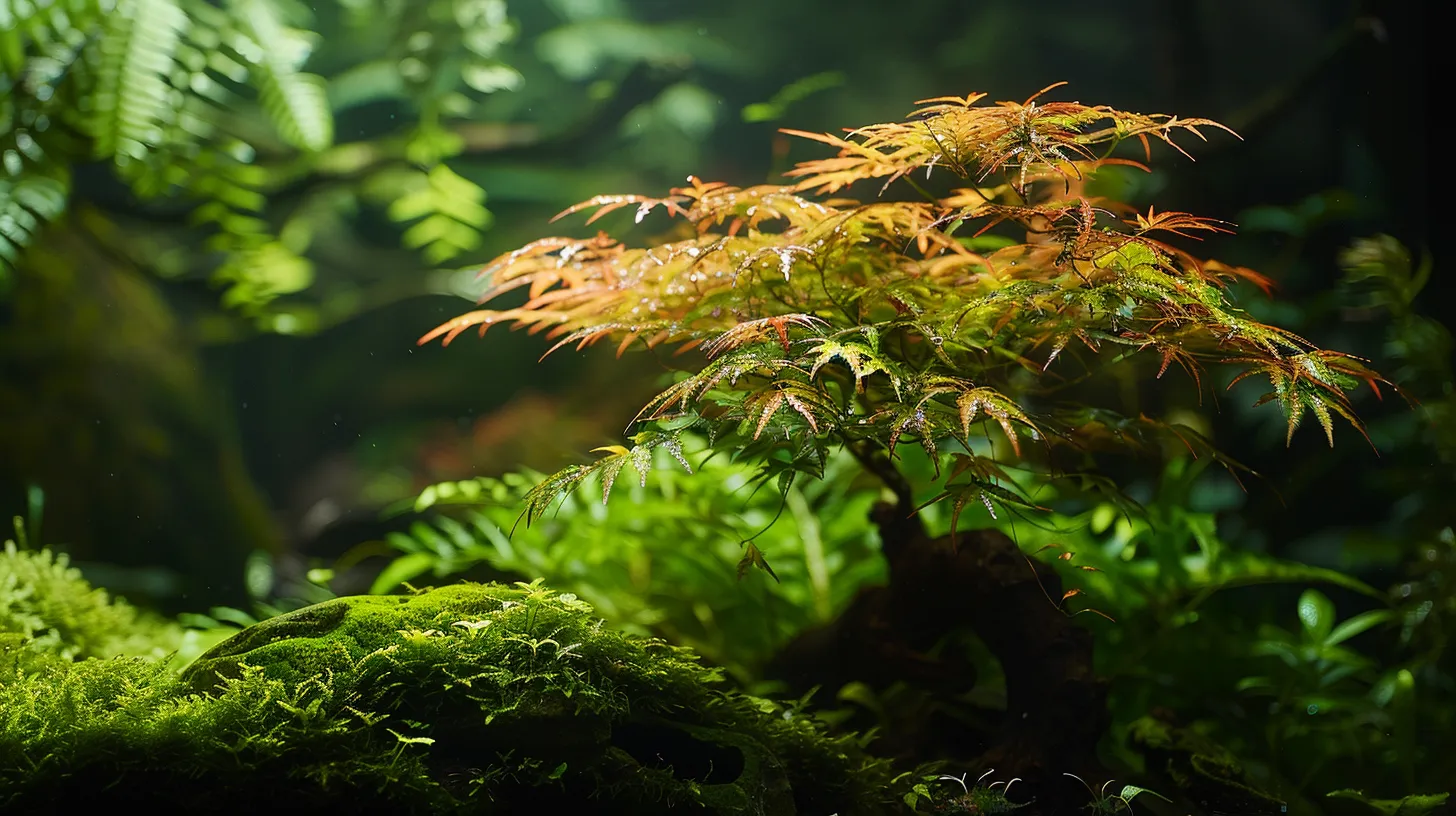 a vibrant japanese maple stands majestically in a serene garden adorned with rich green foliage and decorative aquascape features, illuminated by soft morning light to highlight its delicate leaves and overall health.