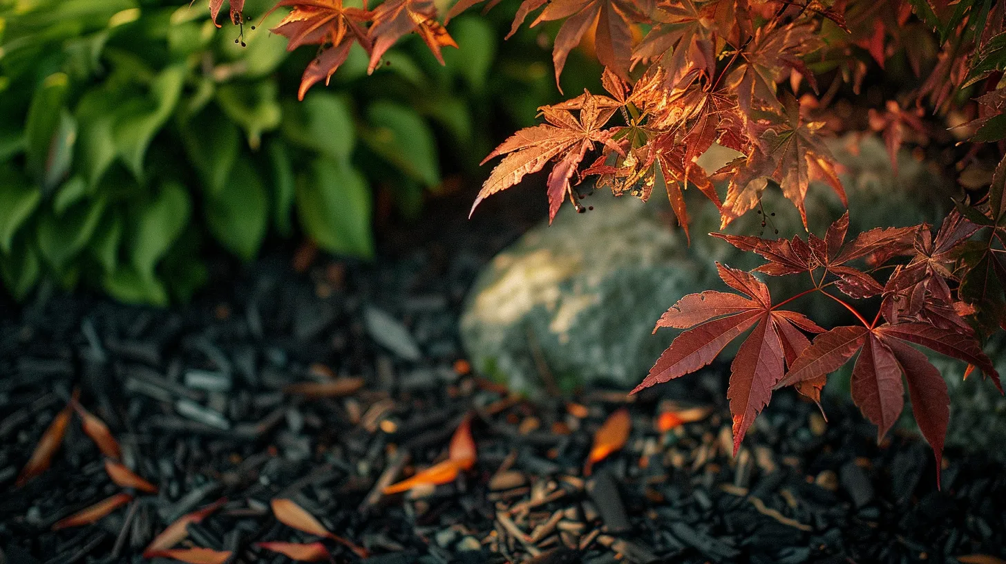 a vibrant japanese maple stands majestically in a serene garden, its lush foliage contrasting beautifully with the rich, dark cedar mulch that surrounds its roots, creating an inviting atmosphere of tranquility and health.