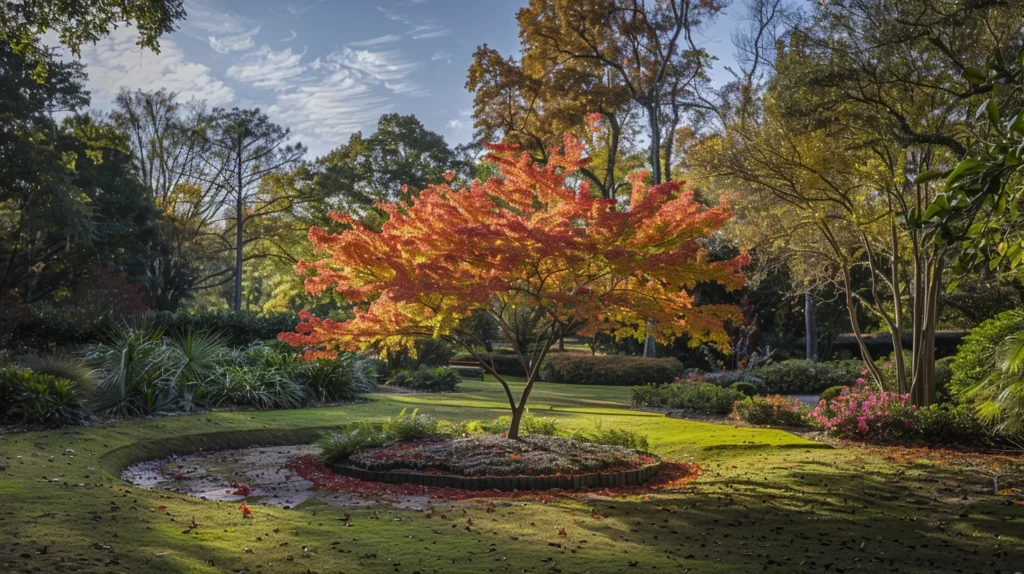 a vibrant japanese maple tree displays its striking crimson and gold foliage against a serene, softly blurred garden backdrop, capturing the essence of color and elegance in georgia's autumn landscape.