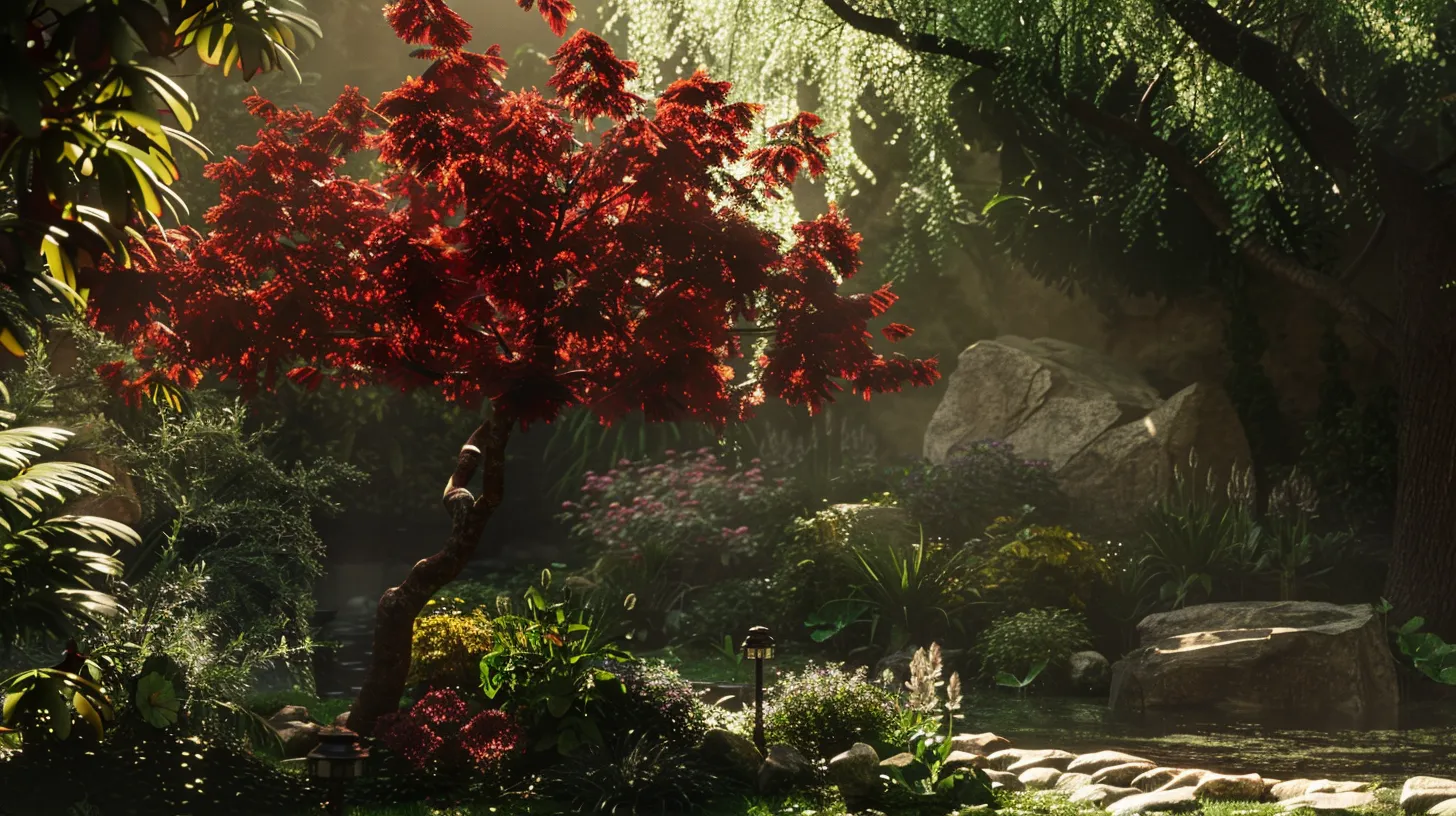 a vibrant japanese maple tree displays its stunning red foliage under dappled sunlight in a tranquil garden, surrounded by lush greenery and companion plants that enhance its beauty.