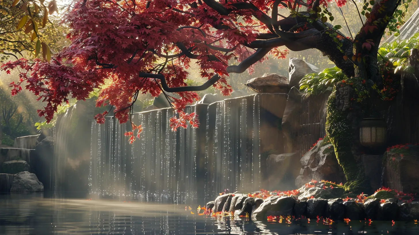 a vibrant japanese maple tree stands majestically beside a serene water feature, its rich red leaves contrasting beautifully with the lush greenery and soft sunlight filtering through the branches, creating an inviting atmosphere that showcases ideal growing conditions.