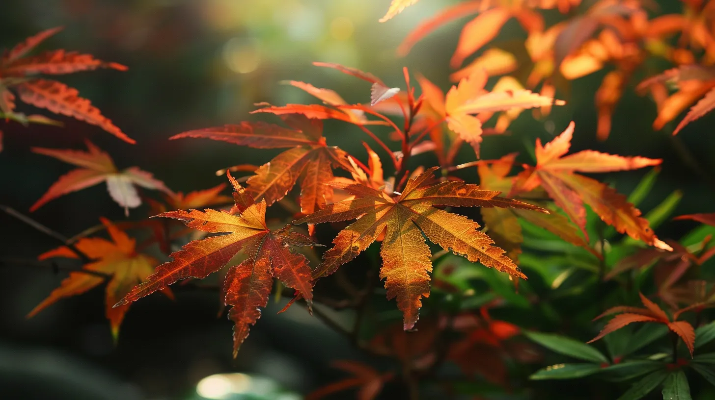 a vibrant japanese maple tree, its leaves displaying a stunning array of fiery reds and oranges, stands proudly in a sunlit georgia garden, surrounded by lush greenery and seasonal blooms.