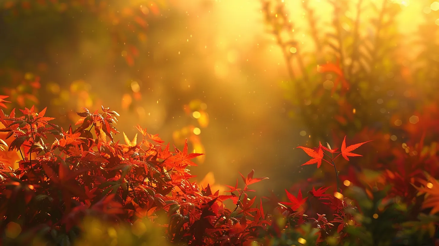 a vibrant landscape featuring a cluster of majestic japanese maples with their brilliant red and orange foliage, surrounded by harmonious companion plants, basking in the soft golden light of autumn's late afternoon sun.