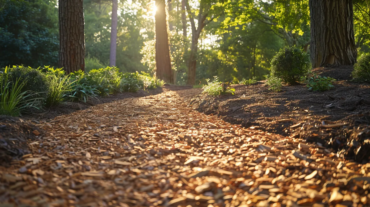 a vibrant landscape featuring a carefully arranged bed of sustainable mulch and decorative eco-friendly gravel, showcasing the lush greenery of georgia, illuminated by soft, golden sunlight filtering through the trees above.