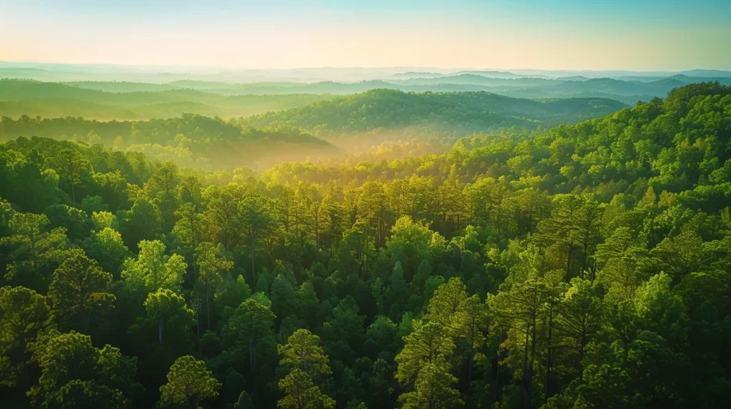 a vibrant landscape featuring lush, towering evergreen trees in georgia, bathed in warm sunlight, showcasing their rich green hues against a clear blue sky.