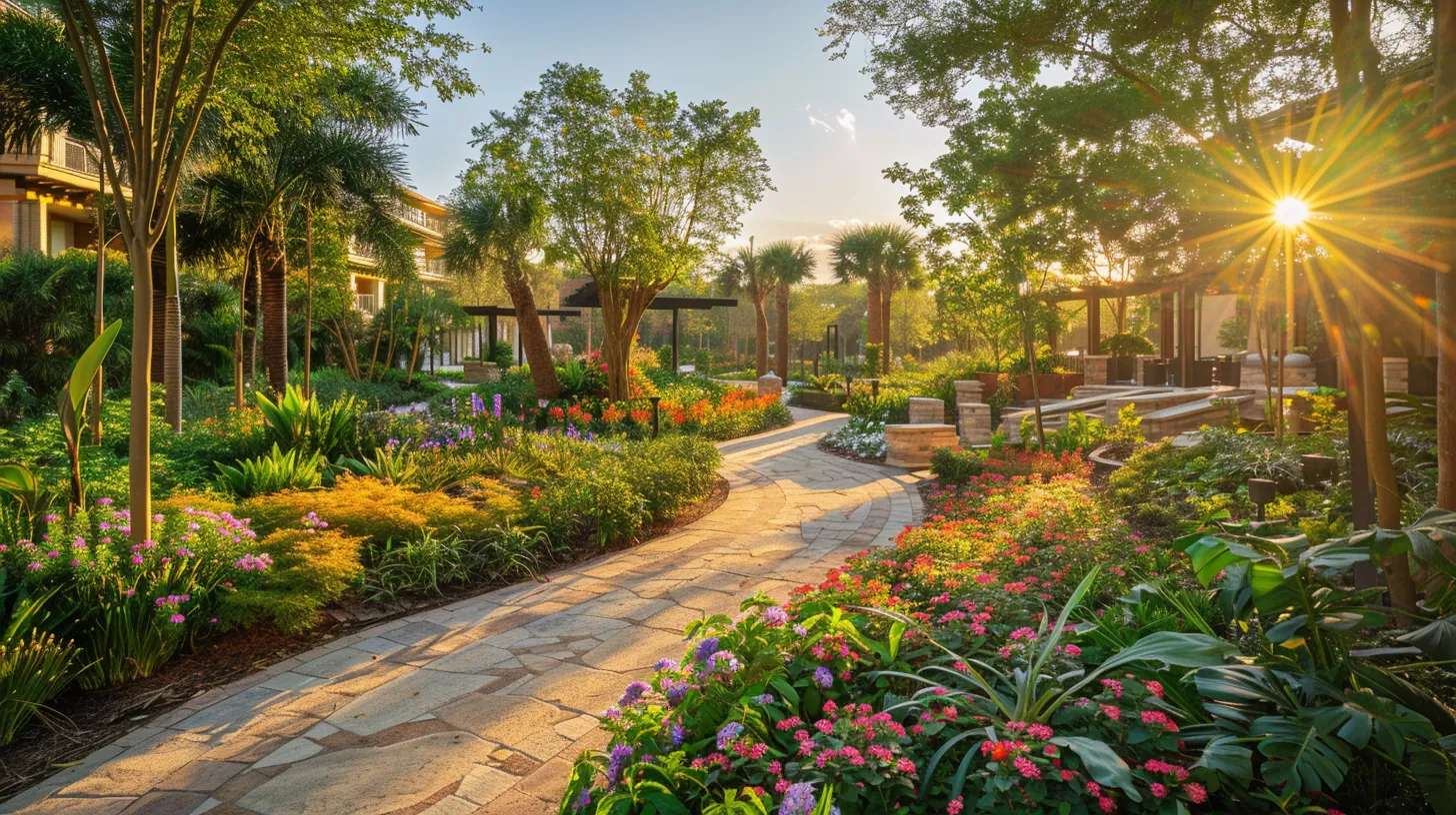 a vibrant landscape filled with lush greenery and colorful flowers, showcasing an inviting outdoor space designed for relaxation and beauty, illuminated by warm, golden sunlight.