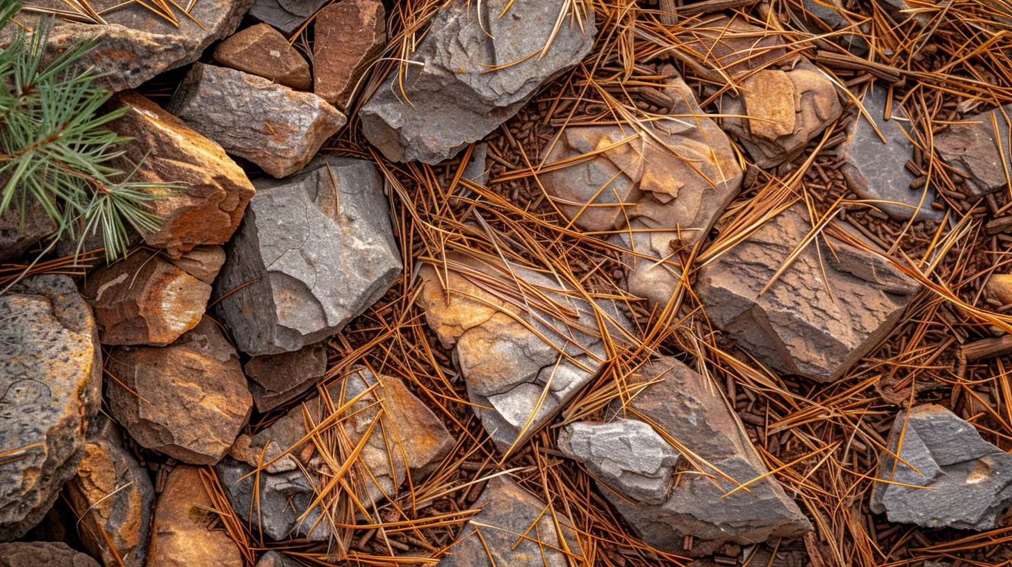 a vibrant landscape filled with rich pine mulch and golden straw, showcasing a variety of masonry products artfully arranged to highlight their texture and color under soft, natural daylight.