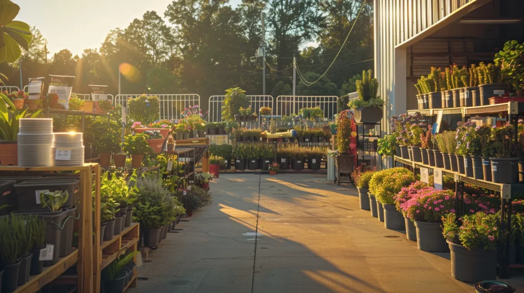 a vibrant landscape scene showcasing a rich array of colorful plants and gardening supplies at double a landscape supply in georgia, bathed in warm, golden sunlight with a backdrop of lush greenery and blue skies.