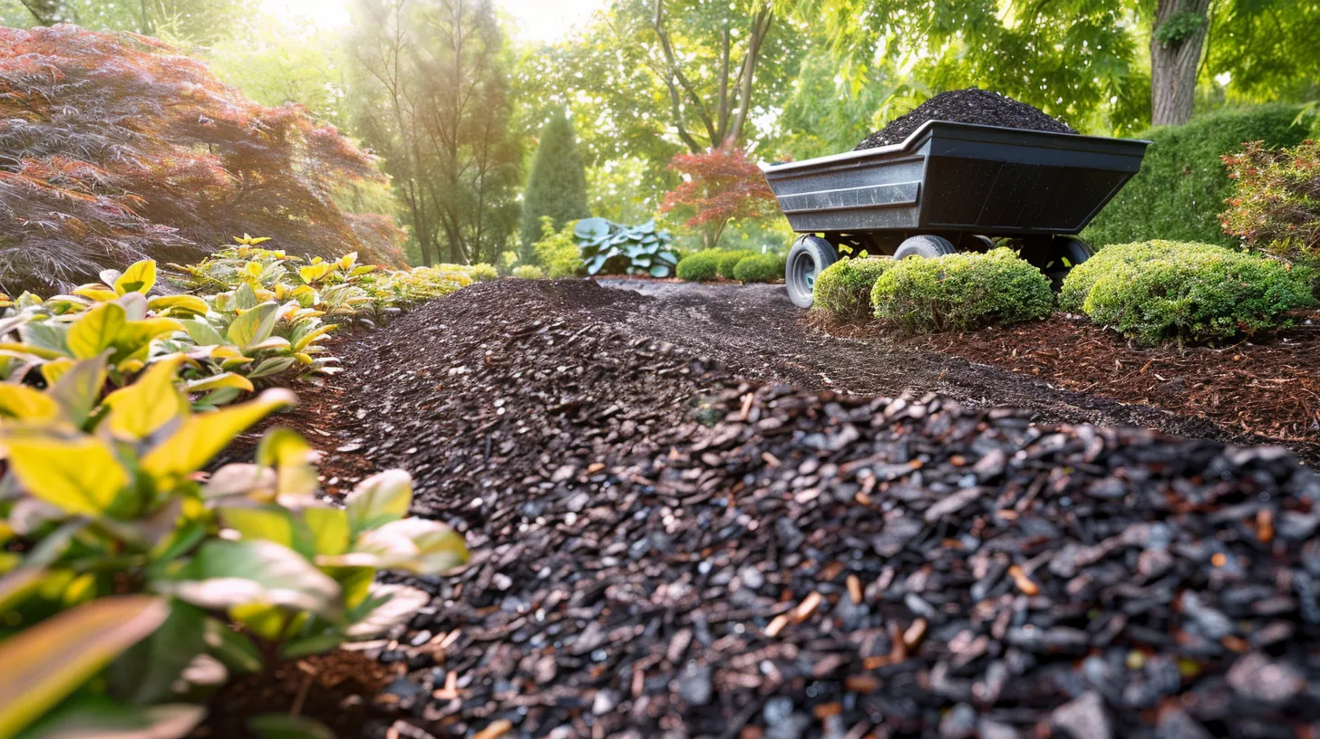a vibrant landscape showcases a freshly delivered load of rich, dark mulch and decorative gravel, set against a lush garden backdrop, capturing the convenience and appeal of same-day delivery services for landscaping projects.