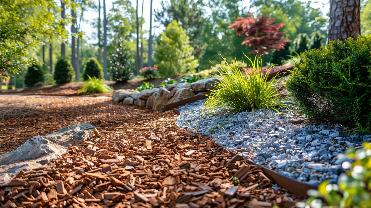 a vibrant landscape showcases a variety of mulch and decorative gravel options in georgia, highlighting rich textures and colors under soft, natural lighting that reflects seasonal trends in landscaping.