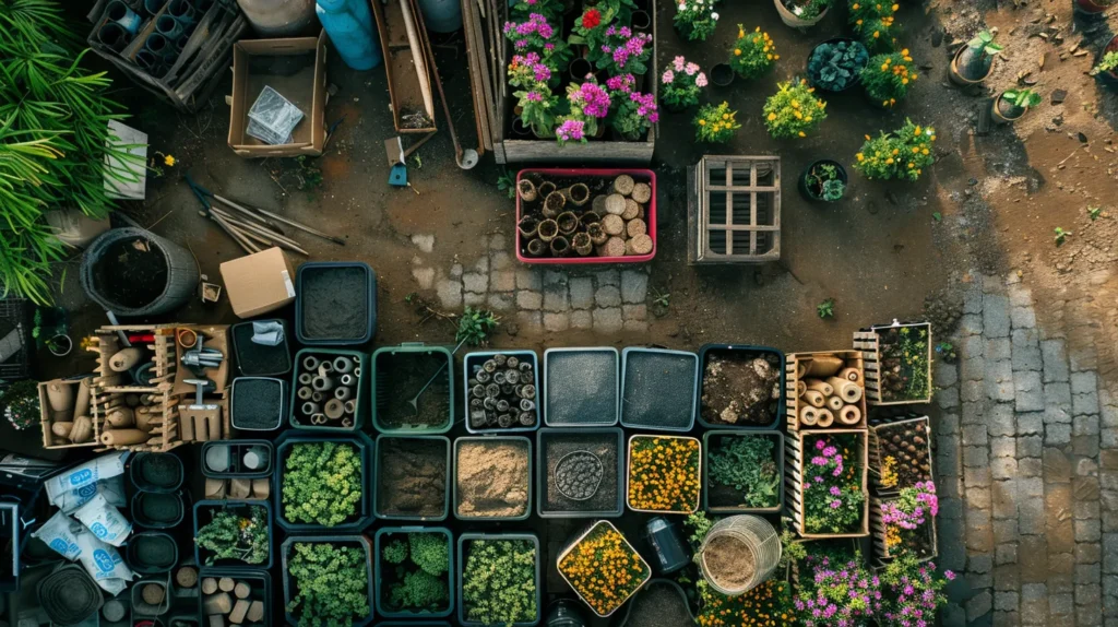 a vibrant landscape showcases an array of essential landscaping supplies artfully arranged against a backdrop of lush greenery, embodying the perfect essence of outdoor project readiness in georgia.