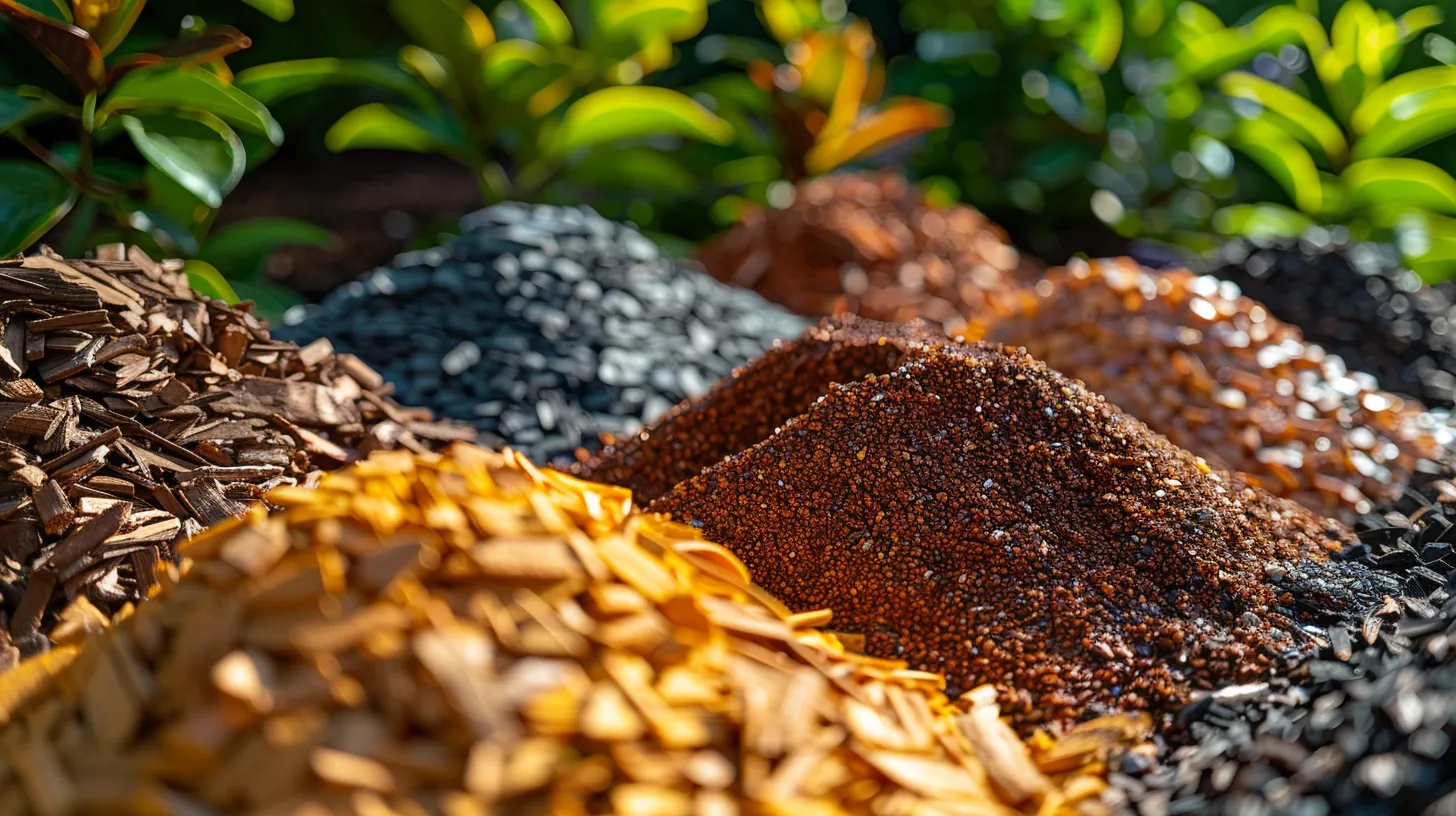 a vibrant landscape showcases an array of richly textured mulch and decorative gravel, illuminated by warm sunlight to highlight their varied colors and compositions, inviting homeowners to explore eco-friendly options for their garden projects.