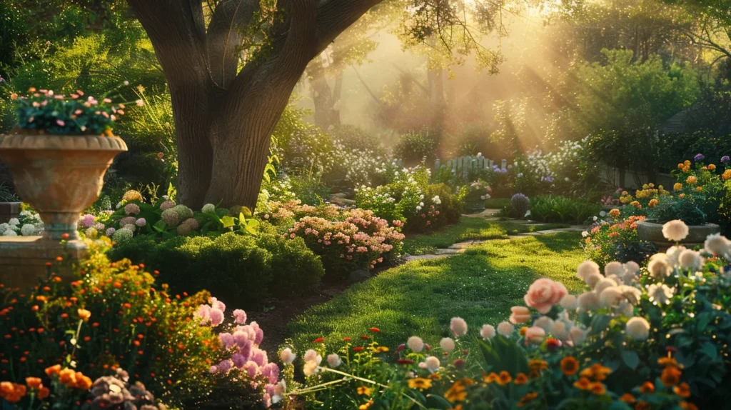 a vibrant landscape showcasing a lush, well-manicured garden bursting with colorful flowers and verdant greenery, illuminated by soft golden sunlight, embodying the essence of premium landscaping supplies.