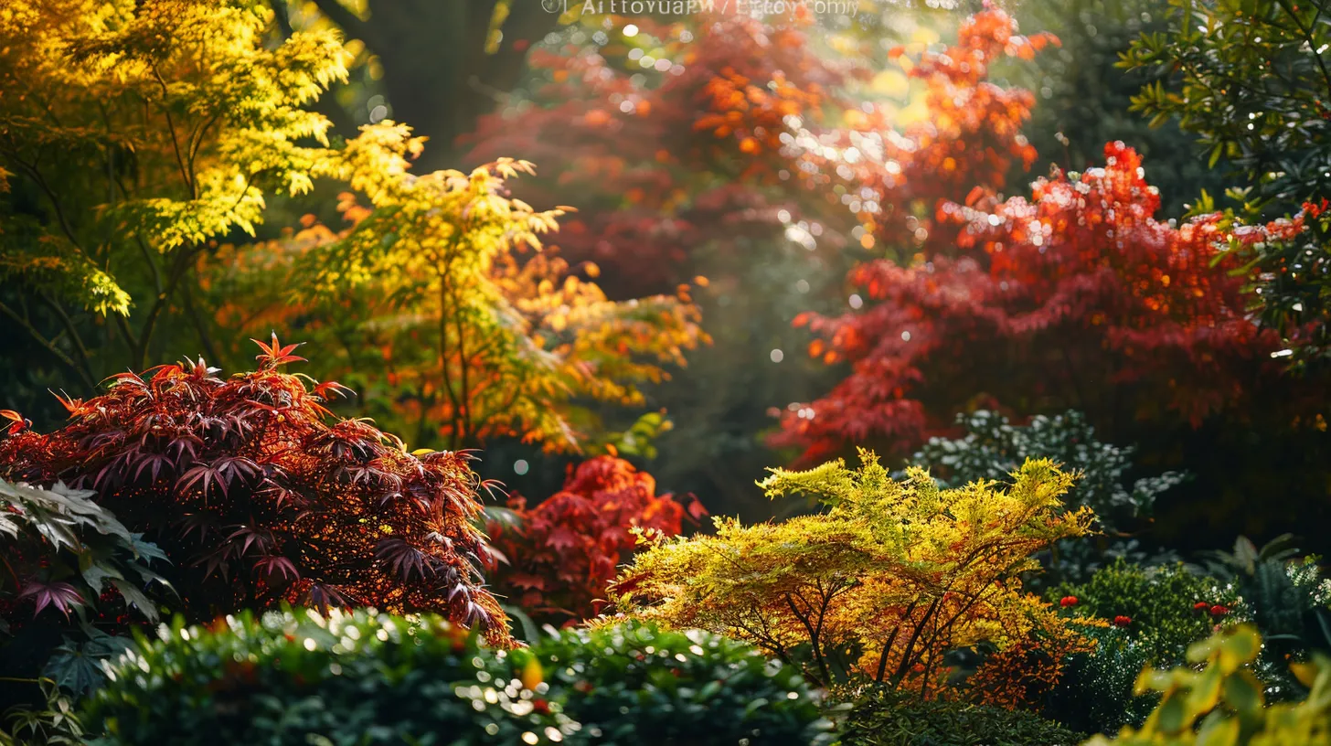 a vibrant landscape showcasing a diverse array of japanese maple varieties, their striking foliage ranging from deep crimson to bright gold, bathed in soft morning light, creating a captivating contrast against the lush greenery of magnolia trees.