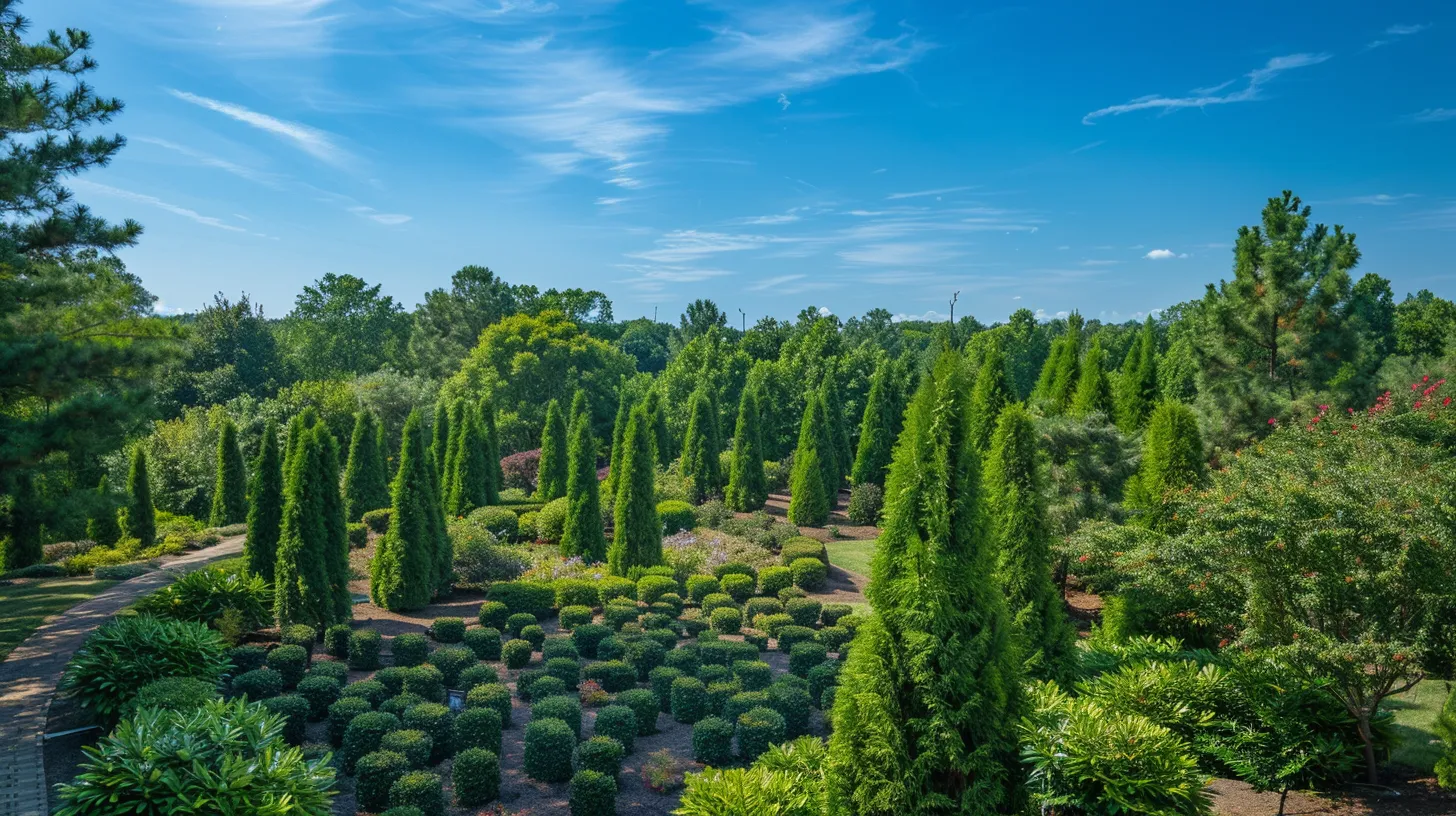 a vibrant landscape showcasing a diverse selection of lush evergreen trees against a bright blue sky, highlighting their rich green foliage and adaptability to georgia's climate.