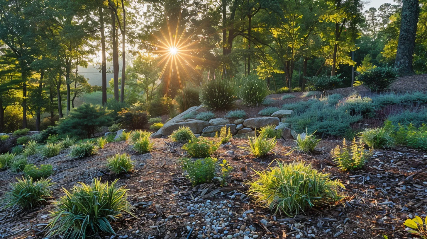a vibrant landscape showcasing flourishing native plants and rich soil, illuminated by warm, golden sunlight, emphasizes the benefits of sourcing landscape supplies from local providers in georgia.