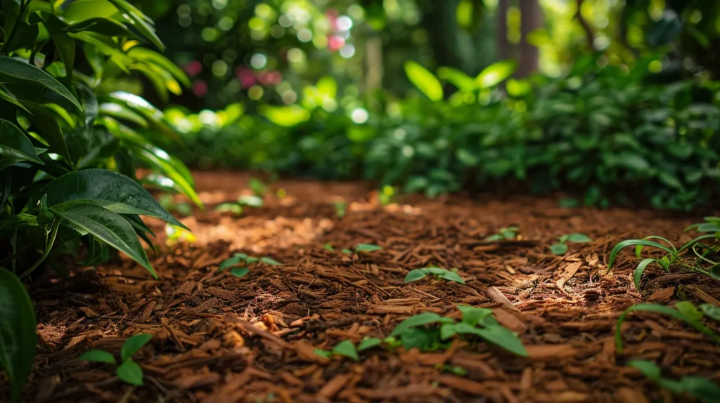 a vibrant landscape showcasing rich, earthy mulch spread across a lush garden, highlighting the textured layers and vibrant greenery, under bright, natural sunlight.