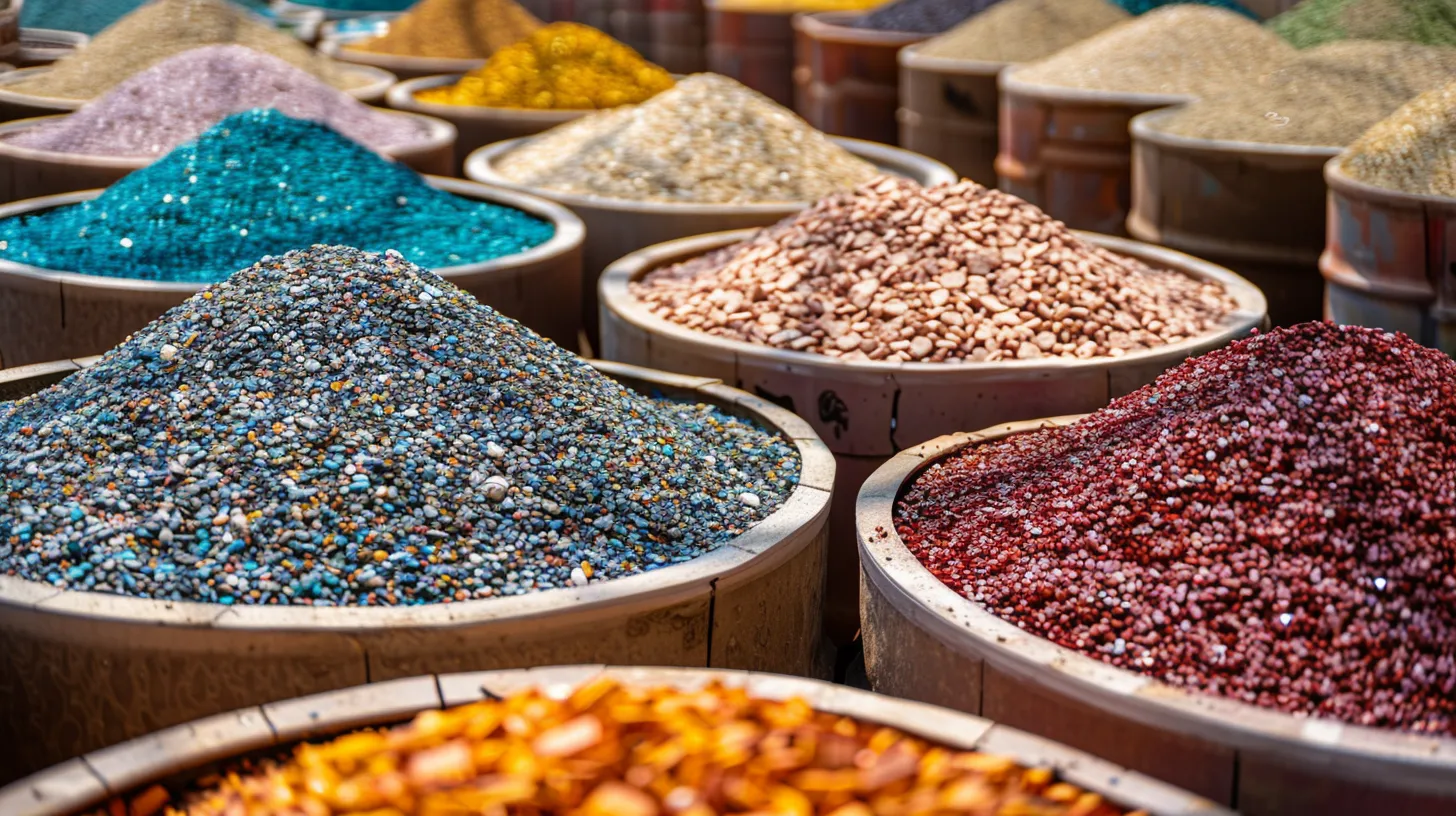 a vibrant landscape supply yard in georgia showcases an array of colorful mulch and decorative gravel, basking in warm sunlight that accentuates the texture and variety of materials available for landscaping.