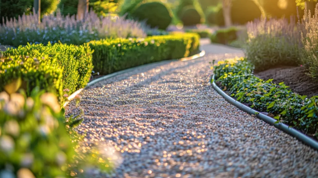 a vibrant outdoor scene showcasing an elegant, well-manicured garden path lined with richly colored decorative gravel, illuminated by soft golden hour lighting that enhances the natural textures and harmonious flow of the landscape.