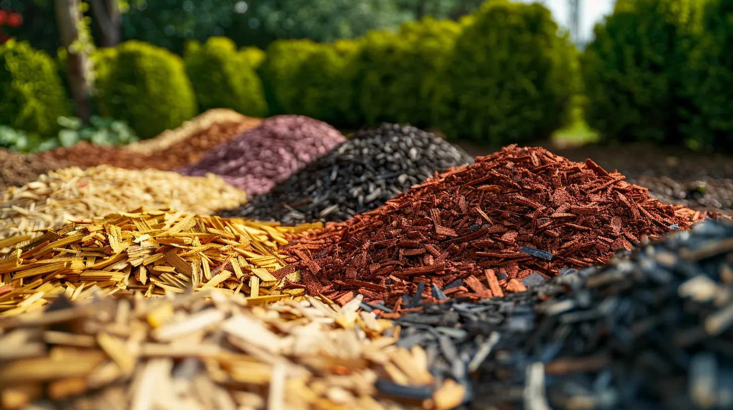a vibrant outdoor scene showcases a neatly arranged display of rich, colored mulch varieties against a backdrop of lush green landscaping, illuminated by warm sunlight that highlights the textures and hues.