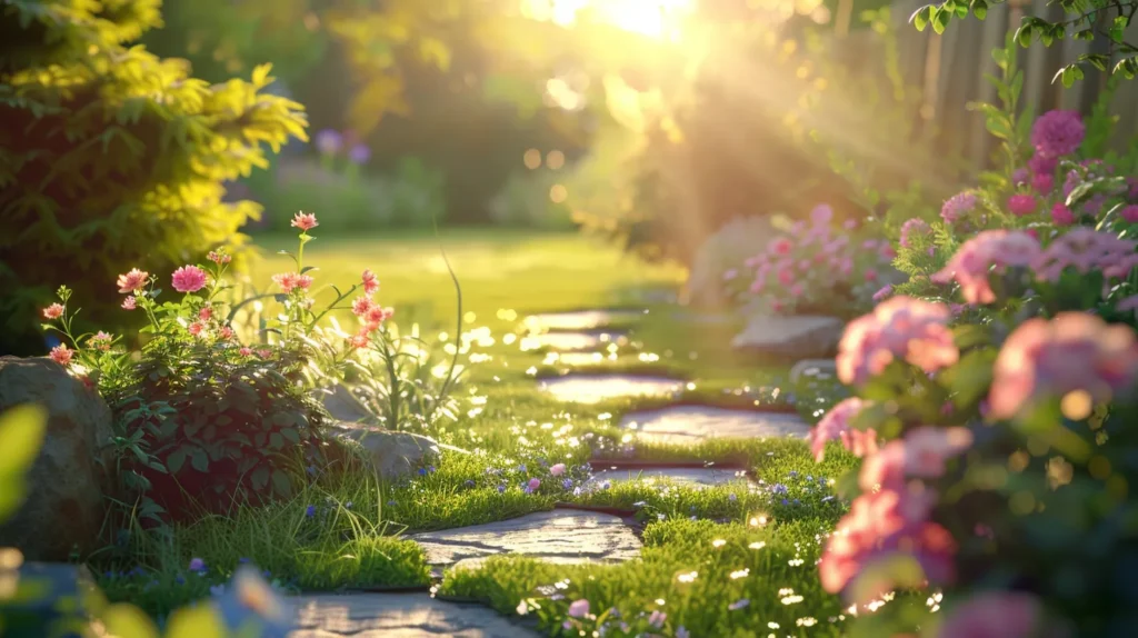 a vibrant outdoor space beautifully transformed by lush landscaping, showcasing colorful flowering plants and meticulously arranged stones under warm golden sunlight, inviting a sense of tranquility and harmony.