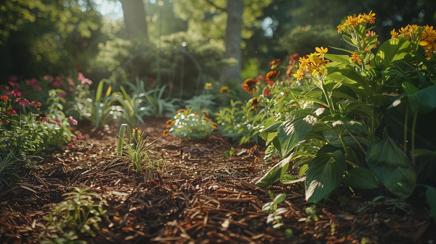 a vibrant, sunlit garden bed showcases a rich layer of organic mulch, surrounded by lush greenery and colorful flowers, highlighting the transformative beauty and health benefits of effective landscaping.