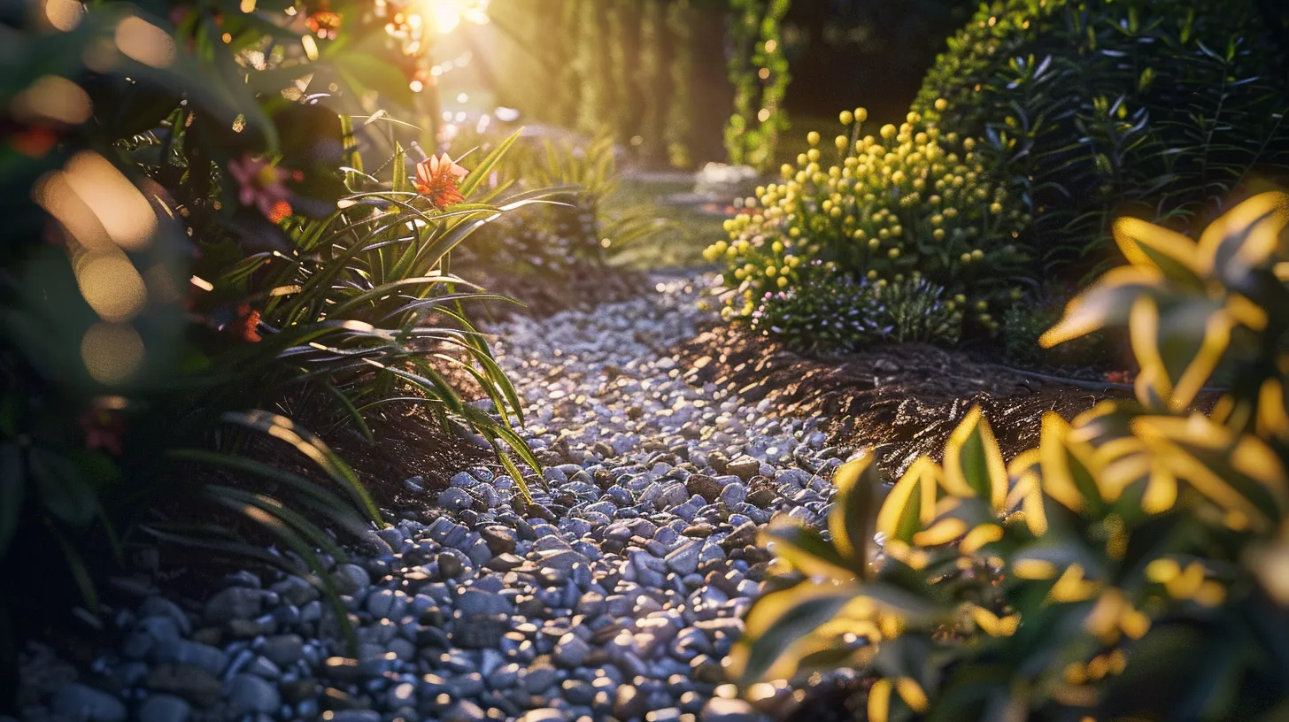 a vibrant, sunlit garden showcases meticulously arranged layers of rich, dark mulch and gleaming decorative gravel, highlighting their contrasting textures while enhancing the overall lushness and beauty of the landscape.