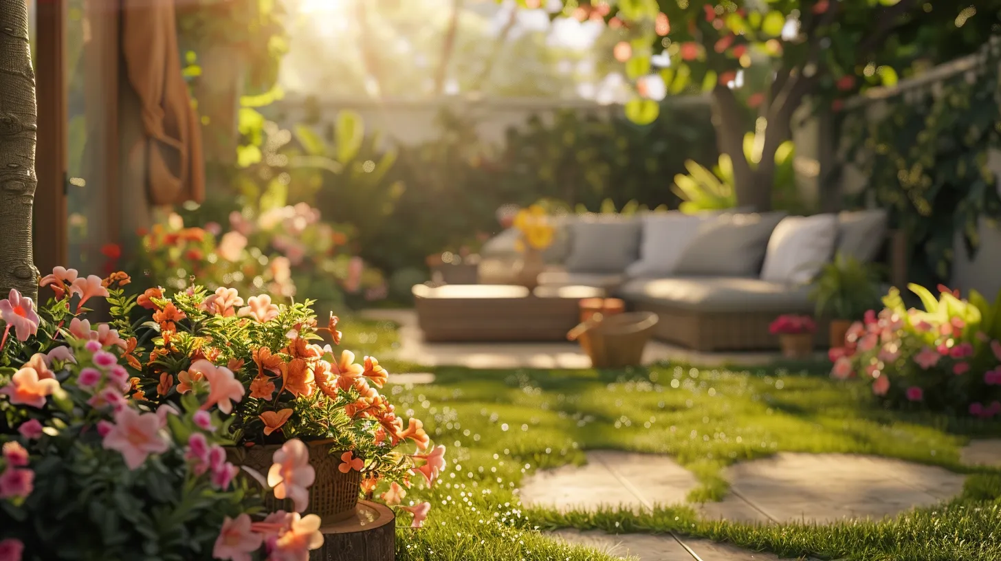 a vibrant, sunlit landscape showcasing a beautifully designed patio adorned with lush green lawns and colorful flowers, symbolizing quality and reliability in landscaping services.