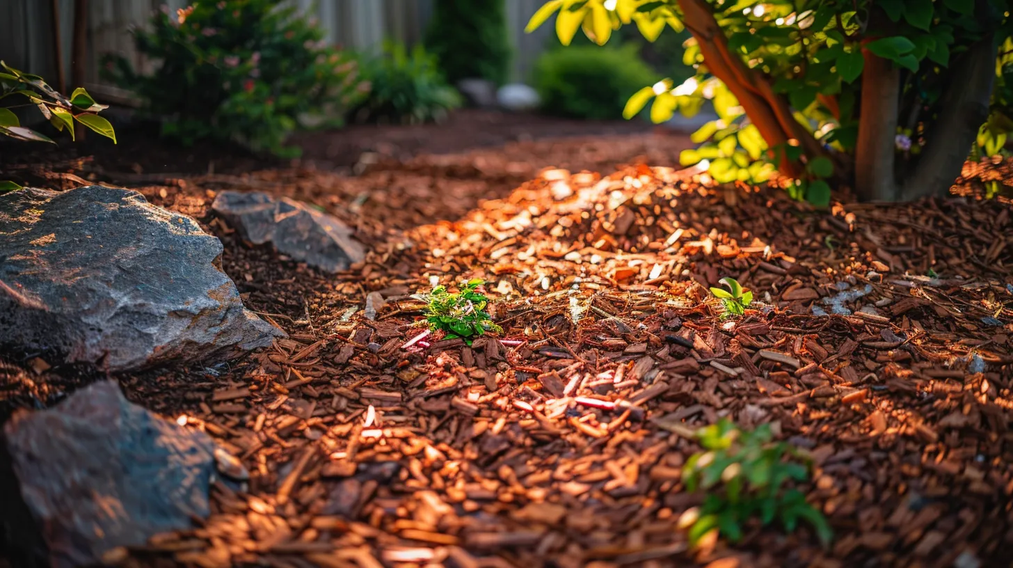 a vivid close-up of rich, textured hardwood and cedar mulch spread across a lush garden bed, illuminated by warm sunlight, highlighting the earthy tones and natural beauty of the landscaping materials.