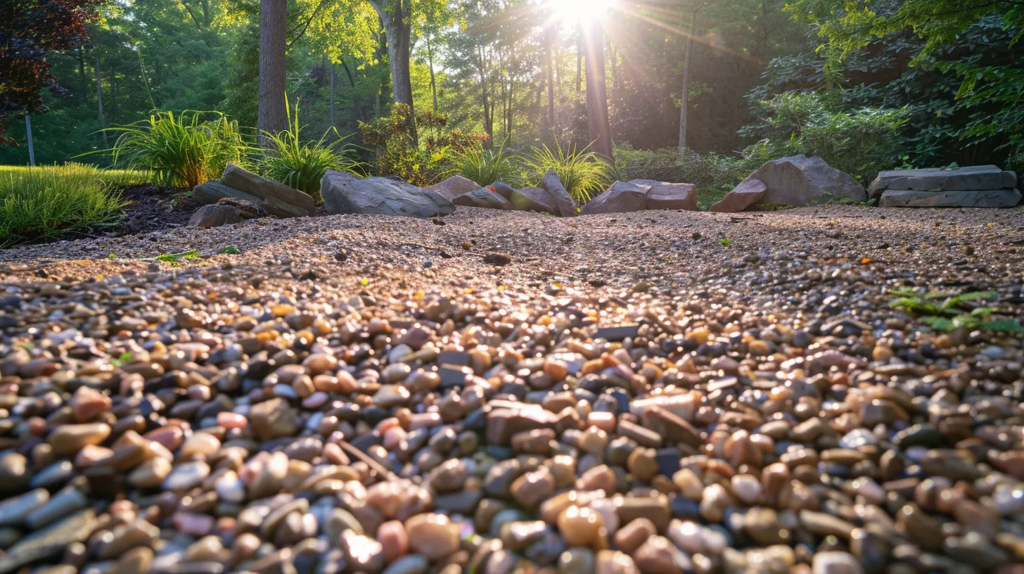 an expansive, sunlit landscape features a stunning display of colorful decorative gravel, showcasing rich hues of limestone and concrete, surrounded by flourishing greenery that highlights the beauty of outdoor landscaping options in georgia.