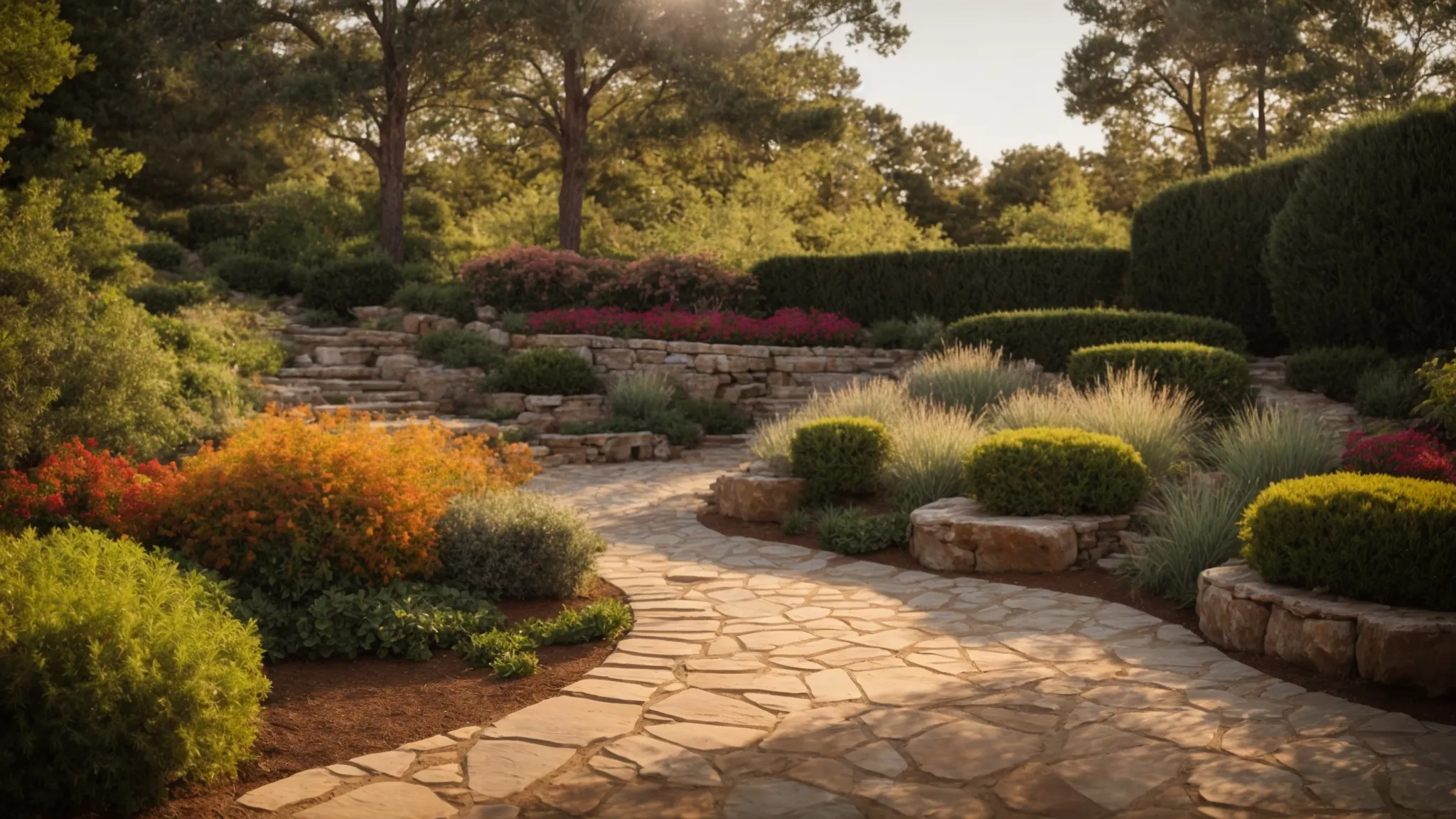 a beautifully landscaped garden in athens, georgia, features textured gravel pathways winding past vibrant rock arrangements and elegant retaining walls, creating a harmonious blend of functionality and aesthetic appeal under warm, golden sunlight.