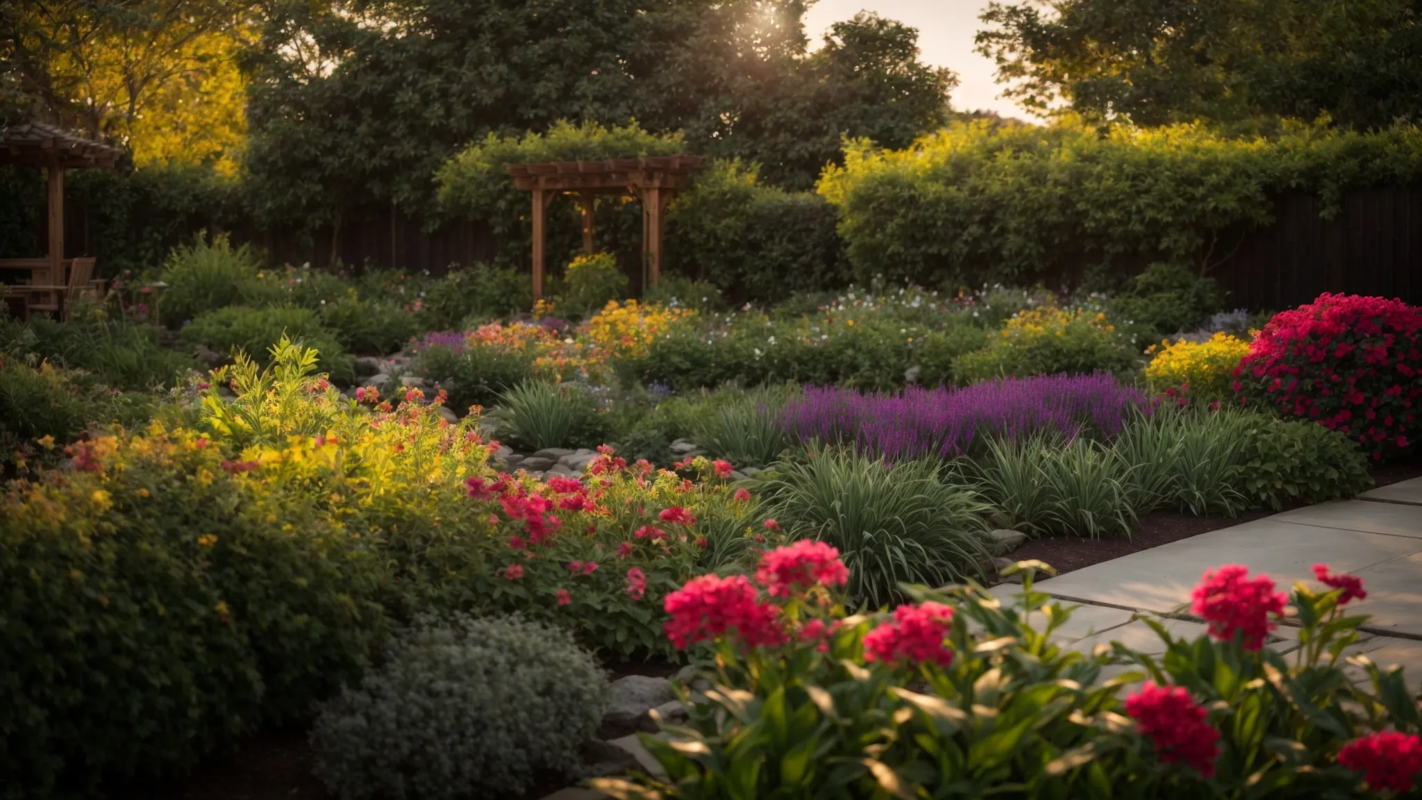a beautifully landscaped garden showcasing vibrant flowers and lush greenery under the warm glow of golden hour sunlight, inviting clients to envision their own landscaping transformation.