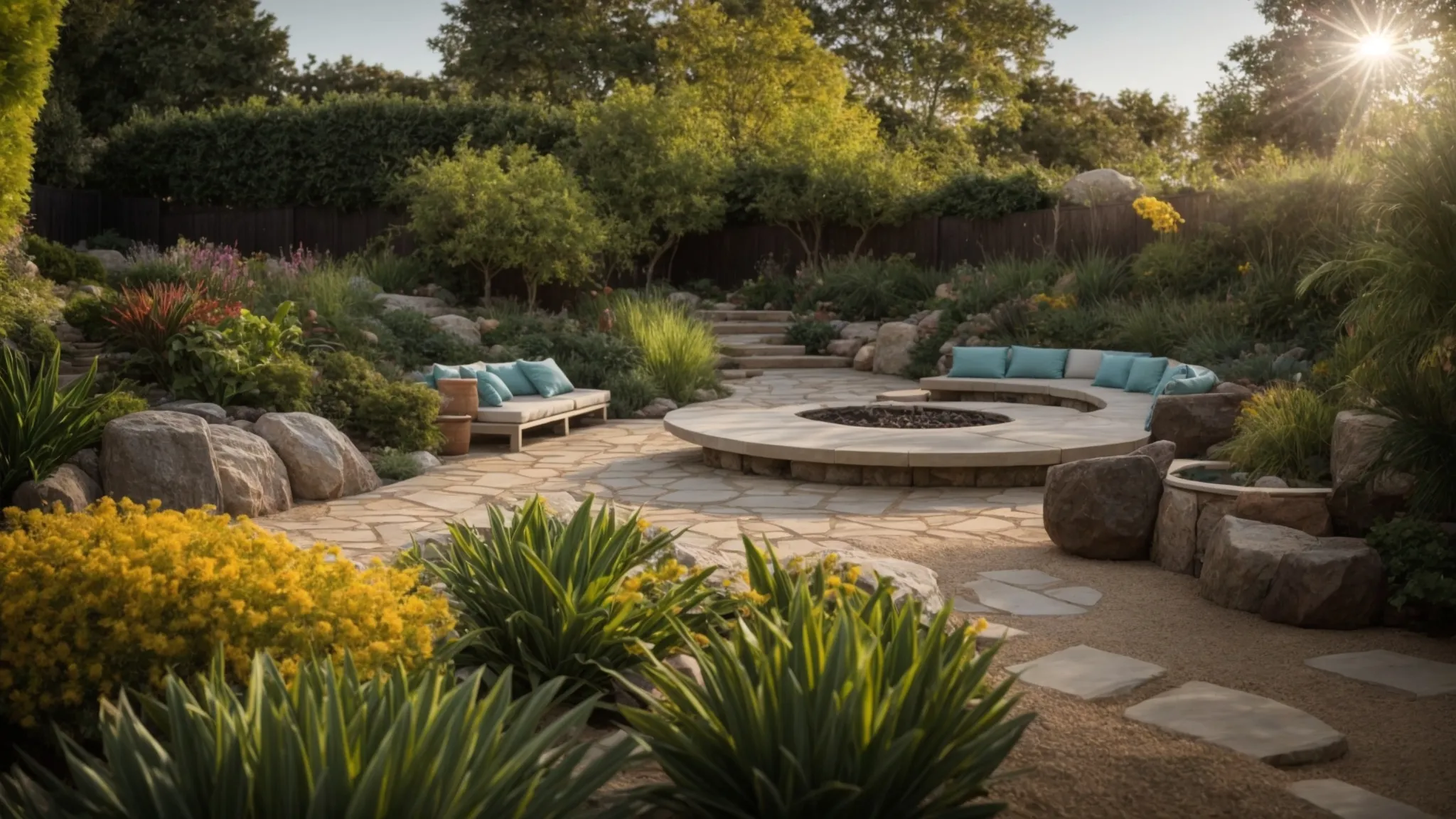 a breathtaking landscape transformation showcases vibrant plants and meticulously arranged stones, radiating customer satisfaction and the quality expertise of double a landscape supply in a sunlit garden setting.