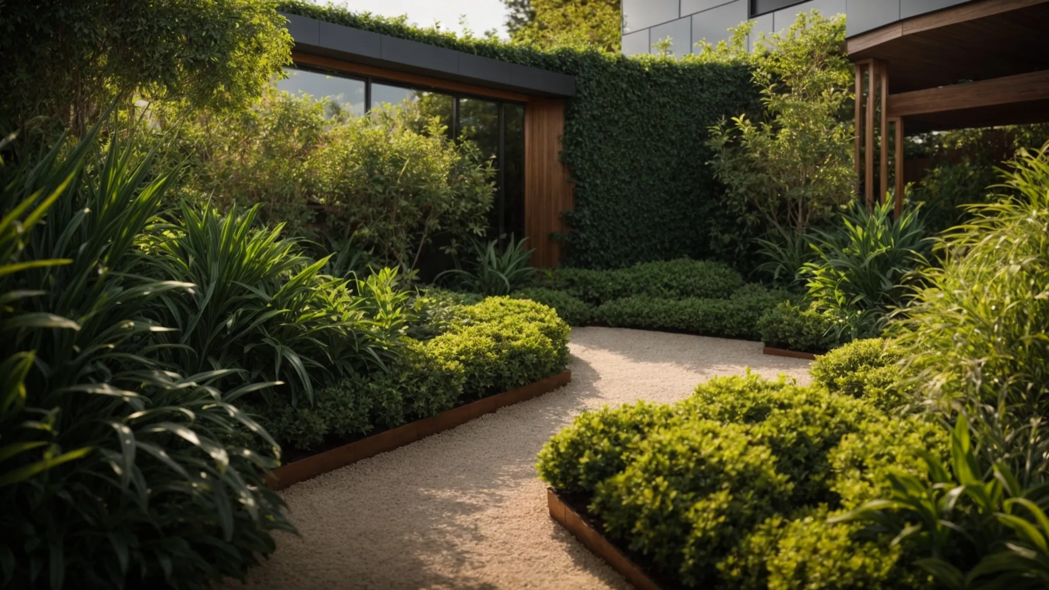 a lush garden brimming with vibrant, eco-friendly plants and intricate hedge designs, illuminated by soft, natural sunlight, vividly showcases the beauty and functionality of sustainable landscaping practices.