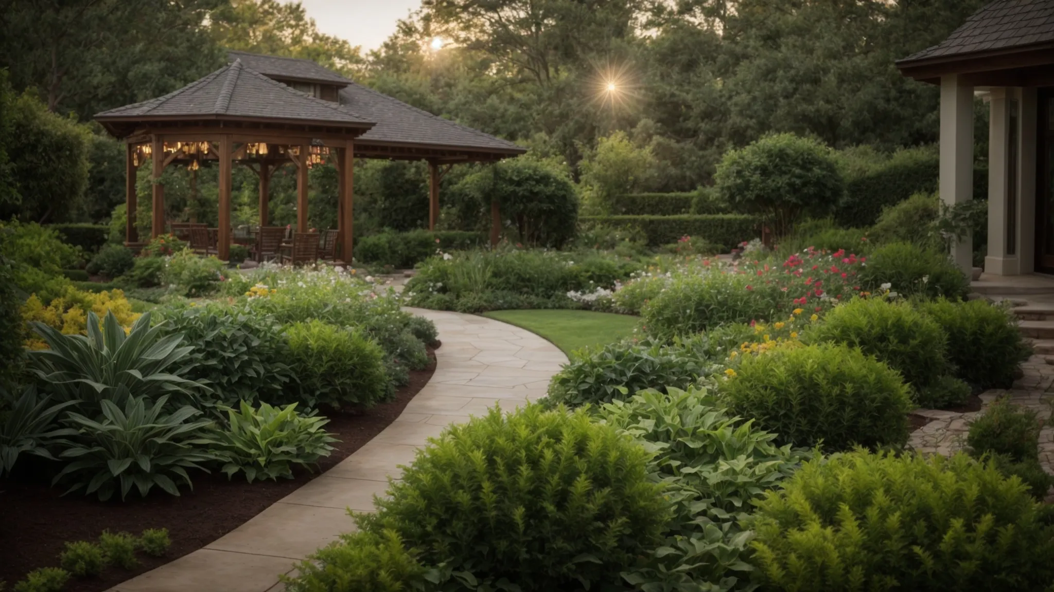 a lush, vibrant garden in georgia showcases flourishing plants and meticulously arranged landscapes, captured in warm afternoon light to highlight the quality and beauty of double a landscaping's work.
