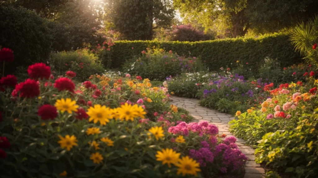 a lush, vibrant garden overflowing with colorful flowers and rich greenery, showcasing a harmonious blend of textures and colors, illuminated by soft, golden sunlight.