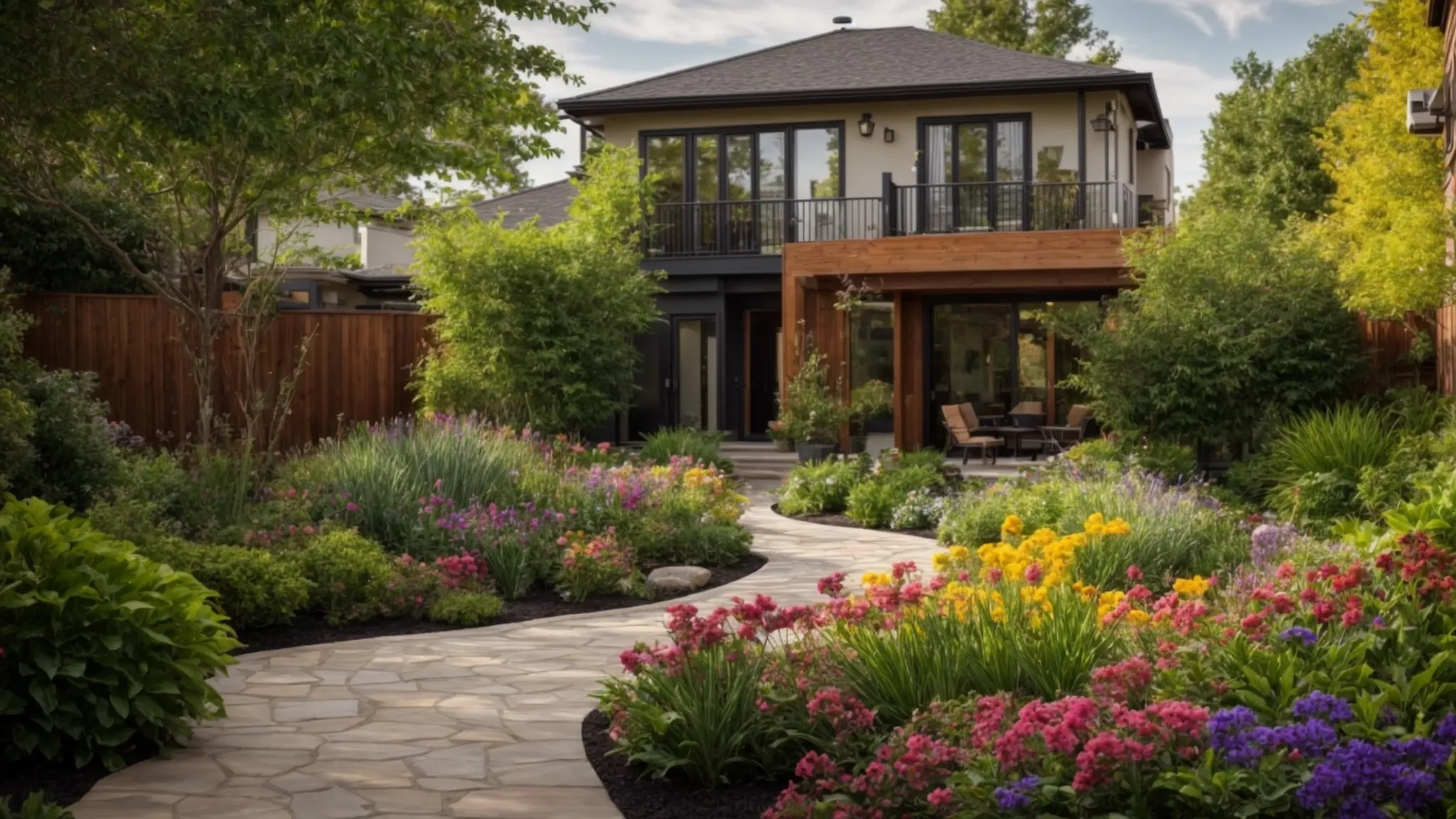 a lush, well-maintained garden showcasing a harmonious blend of vibrant flowers and elegant hardscaping features, including a cozy patio and winding walkways, all under bright, natural daylight emphasizing effective drainage solutions.