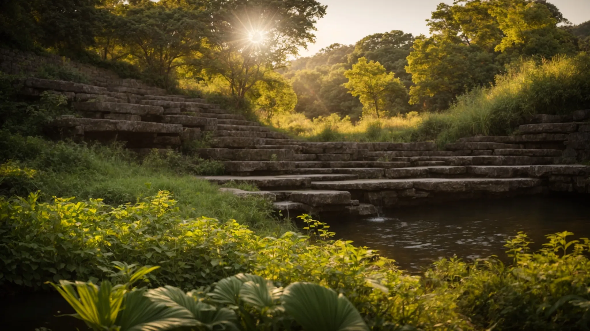 a picturesque landscape showcases a series of robust, textured retaining wall blocks nestled among lush greenery, harmoniously blending with the natural terrain and reflecting the beauty of local river aesthetics under a soft, golden sunlight.