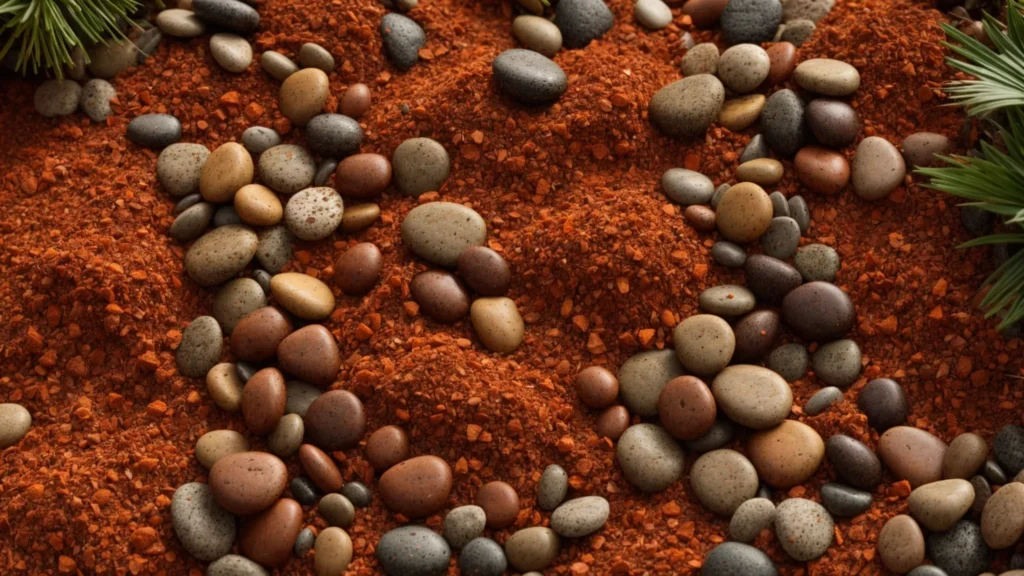 a rich tapestry of earthy tones unfolds as vibrant piles of mulch, gravel, and rock are meticulously arranged, showcasing the diverse textures and colors against a sunlit backdrop of lush greenery.