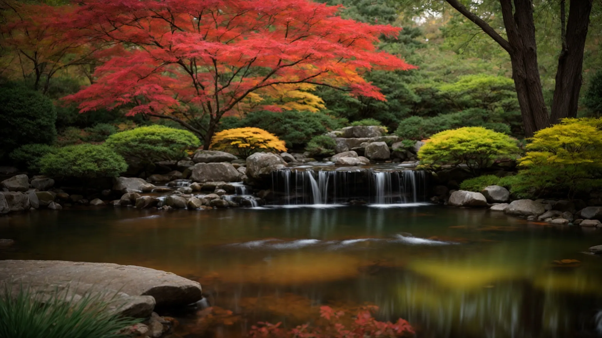 a serene backyard landscape in georgia, showcasing vibrant japanese maples gracefully framing a tranquil water feature, bathed in soft morning light to highlight the enchanting interplay of color and reflection.
