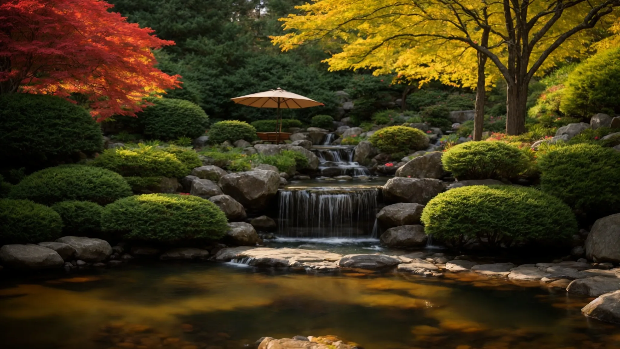 a serene georgia garden showcases vibrant japanese maples and lush evergreens, artfully arranged around a tranquil water feature, all bathed in warm, golden sunlight to highlight sustainable landscaping practices.