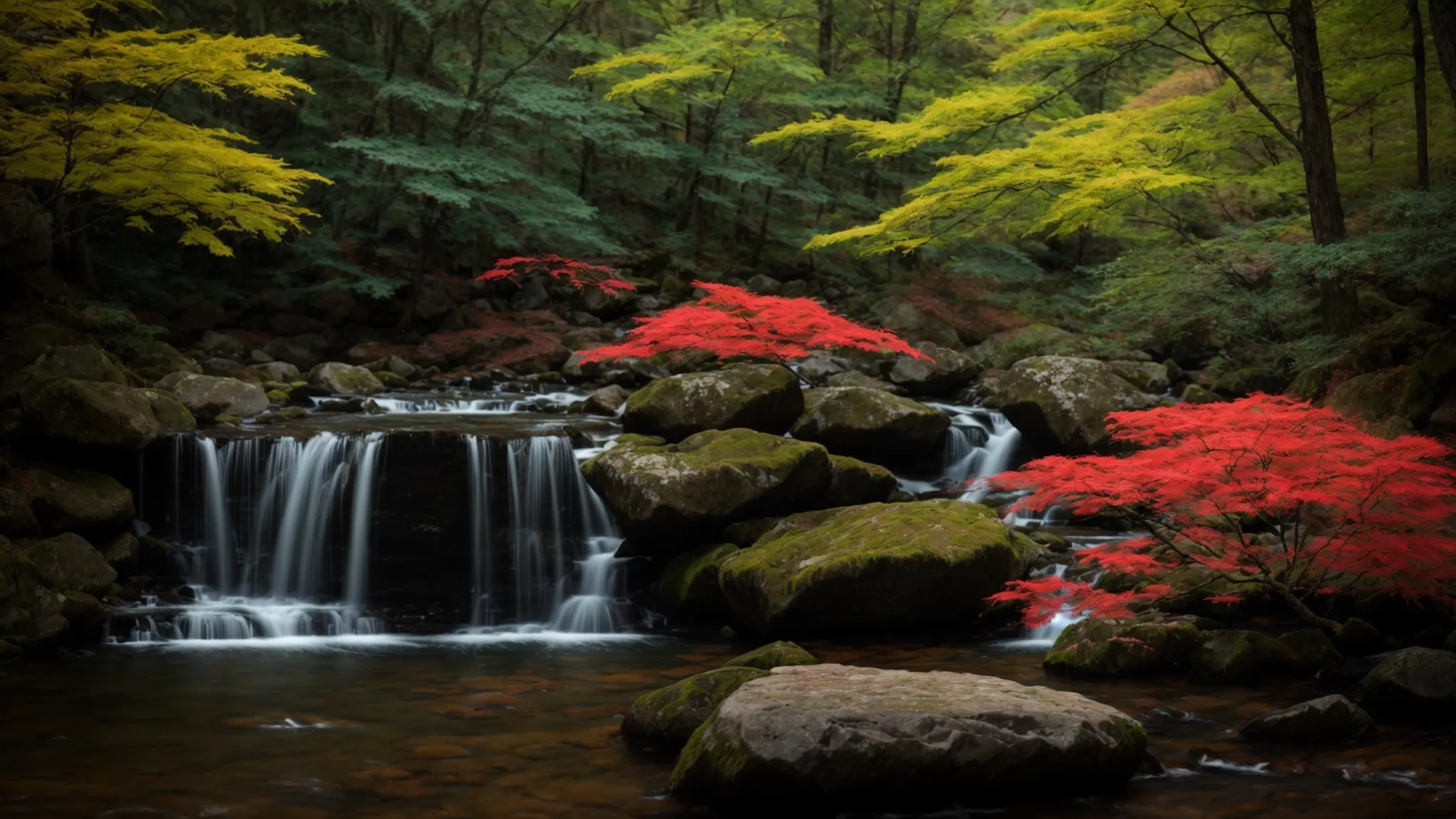 a serene georgia landscape features vibrant japanese maples, lush evergreens, and tranquil water features harmoniously intertwined, embodying seasonal beauty and cohesion.
