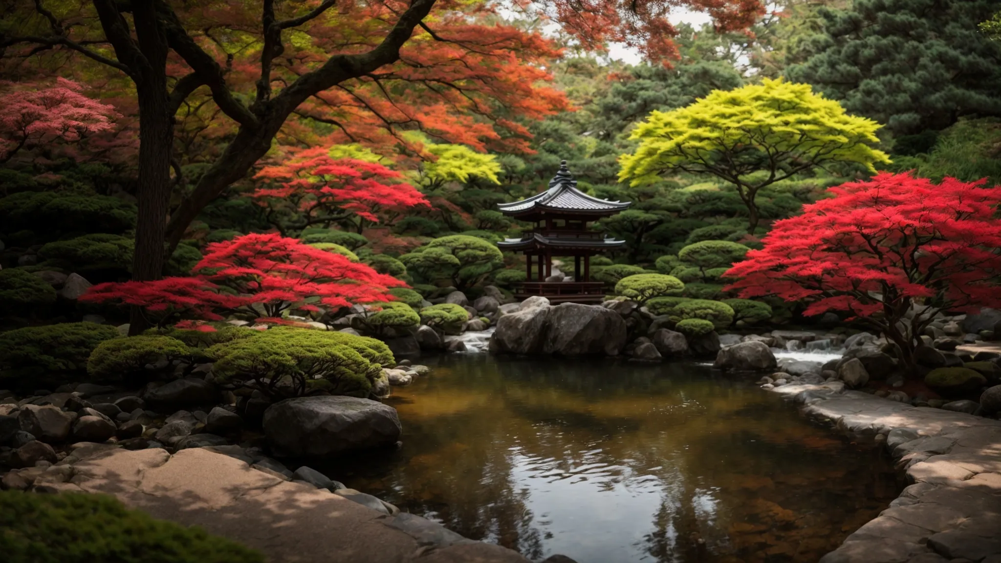 a serene japanese garden in georgia showcases a vibrant acer palmatum surrounded by lush mulch and gentle water features, illuminated by dappled sunlight filtering through the leaves.