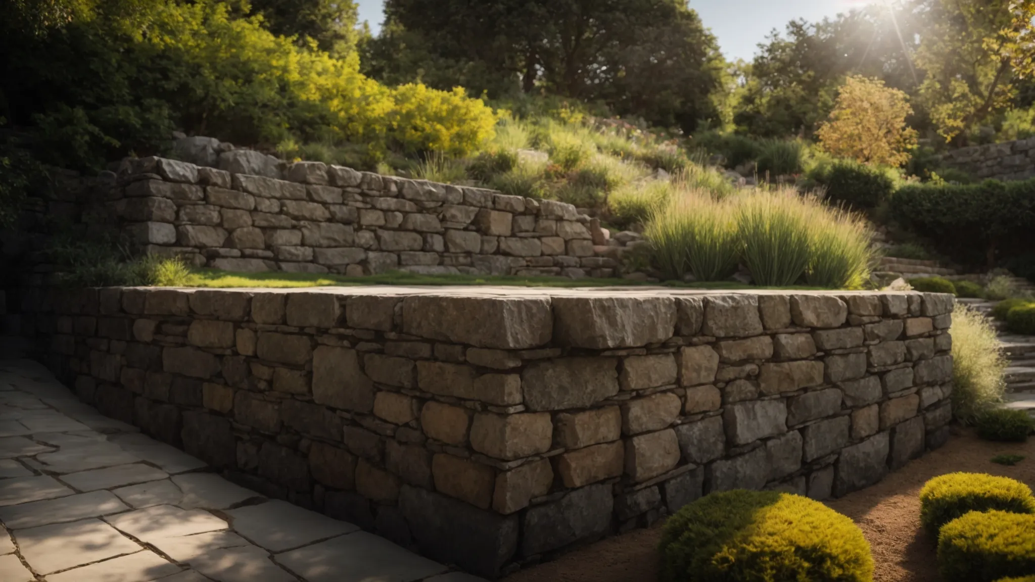 a striking landscape featuring a beautifully constructed retaining wall made of textured stone blocks, elegantly supporting a lush garden on a sloped terrain under soft, dappled sunlight.