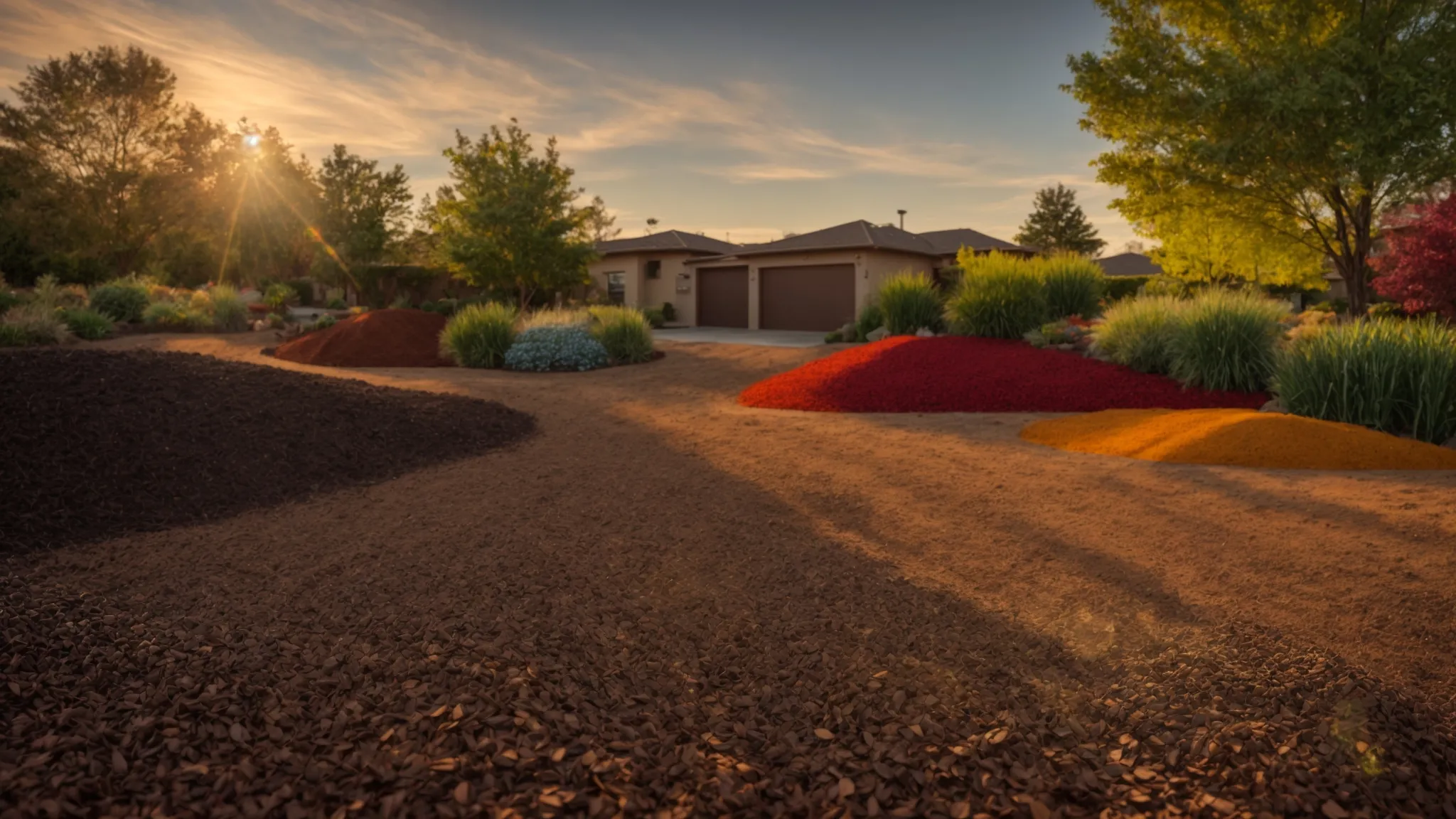 a sun-drenched landscape displays freshly delivered mulch and gravel, showcasing vibrant textures and colors, ready for professional installation that enhances organic beauty and drainage efficiency.
